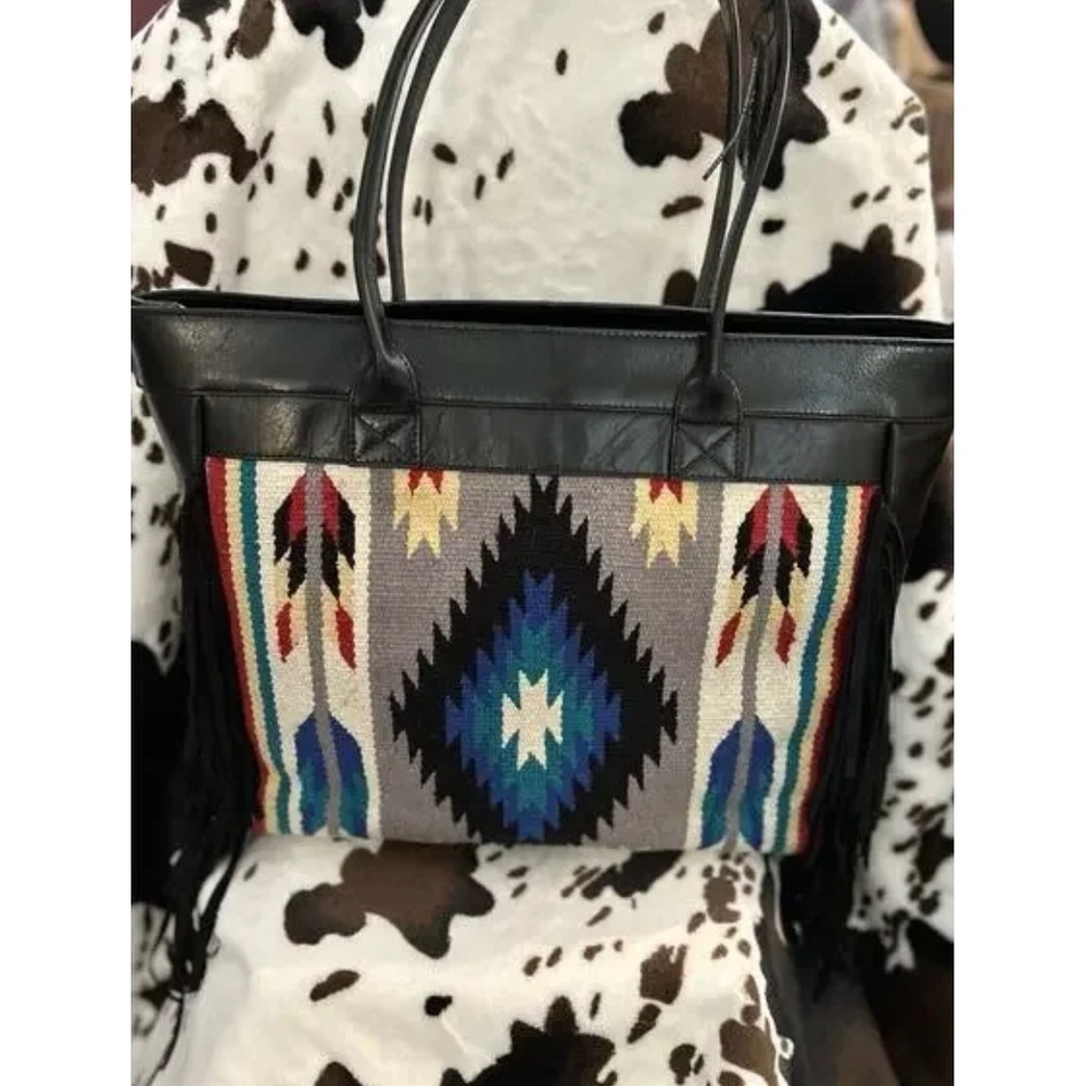 Ecotorie Bleu Leather Tote Bag Southwestern Kilim Fringe Black New Aztec‎